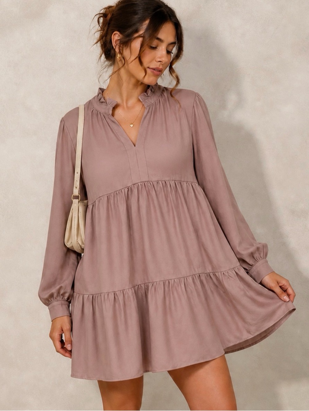 Anthropologie EN SAISON Dusty Rose Tiered Babydoll Dress Size M